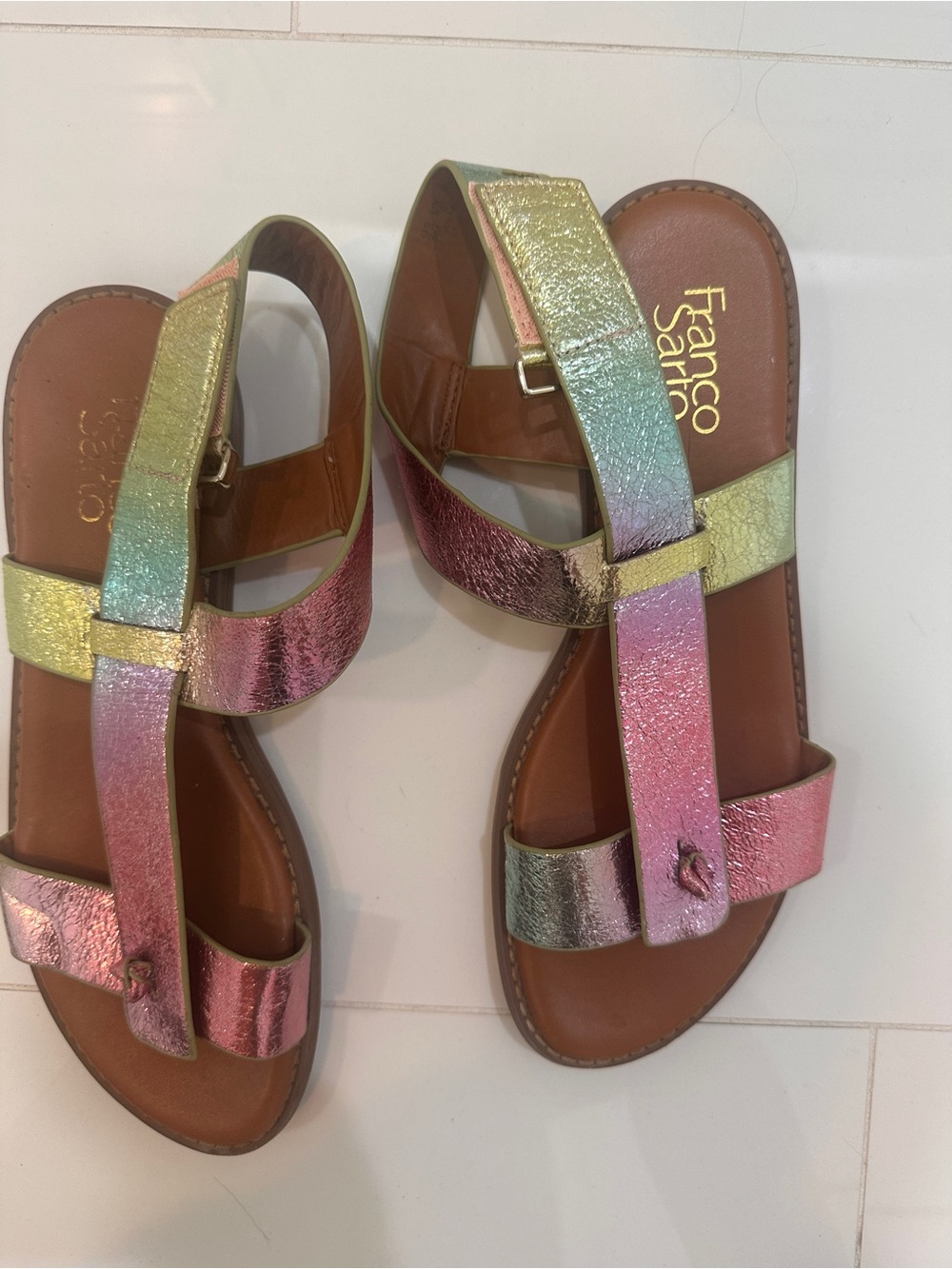 Franco Sarto Iridescent Pink Multi Metallic Leather Slide Sandals